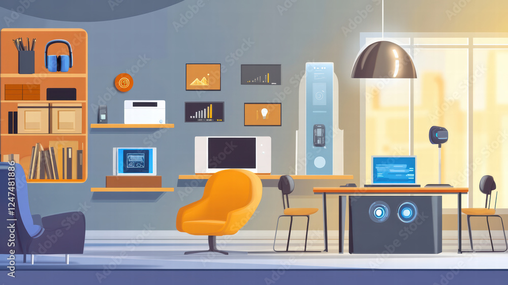 Fototapeta premium modern conference room featuring IoT devices, stylish furniture, and bright atmosphere. space is designed for collaboration and innovation, showcasing technology integration
