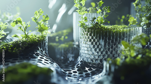 Innovative synthesis of nanomachine plants with crystalline metallic structures in a synthetic ecosystem for futuristic urban environments. Hybrid Environments. Illustration