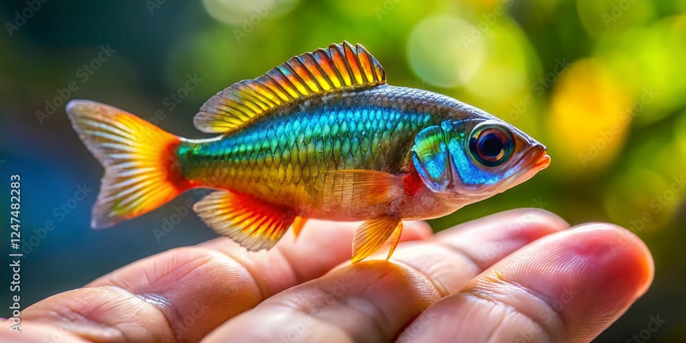 Naklejka premium Tiny Fish on Fingertip: Close-up Stock Photo of Small Aquatic Life