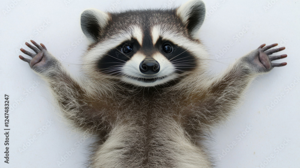 Obraz premium Adorable raccoon with raised paws looking at camera on white background showcasing playful expression and fluffy fur