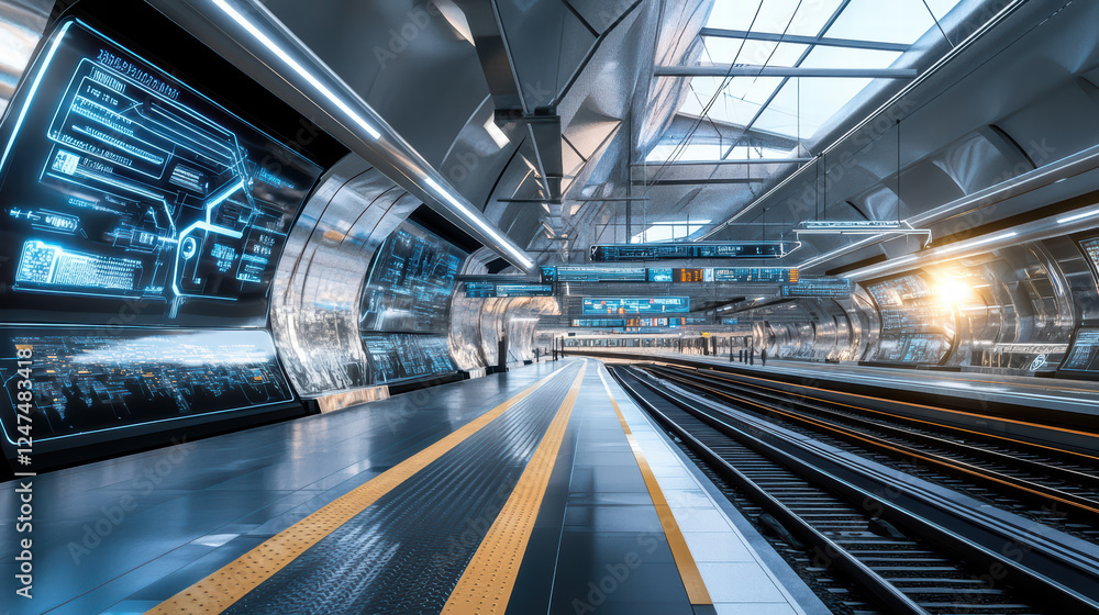 futuristic train station featuring IoT screens, sleek architecture, and bright lighting creates modern travel experience. design emphasizes technology and efficiency futuristic train station featuring IoT screens, sleek architecture, and bright lighting creates modern travel experience. design emphasizes technology and efficiency