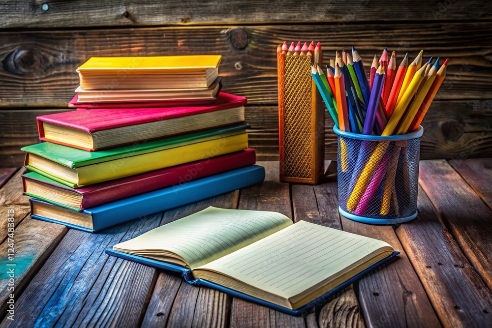 Obraz premium Urban Exploration: Colorful Books, Notepad, and Pencils on Rustic Table - Stock Photo