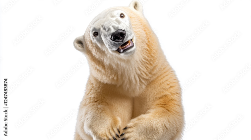 Fototapeta premium Playful polar bear posing against white background with curious expression and fluffy fur highlighting arctic wildlife charm
