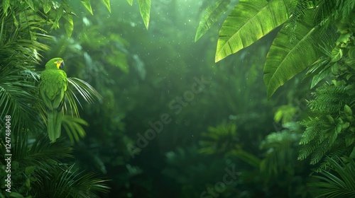 Parrot in lush rainforest, sunlight dappling leaves; nature background, ideal for travel brochures