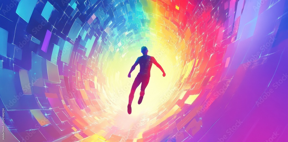 Silhouette of a man flying through colorful digital tunnel Silhouette of a man flying through colorful digital tunnel