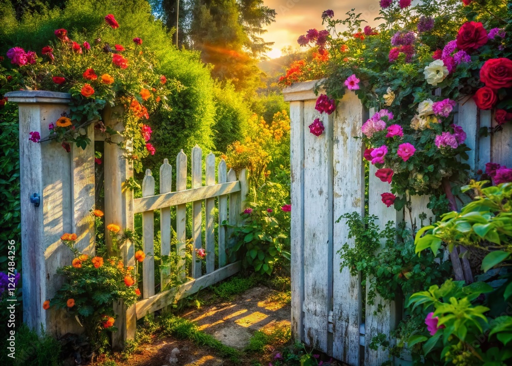 Naklejka premium Urban Exploration: White Fence, Blooming Garden - Secret Oasis