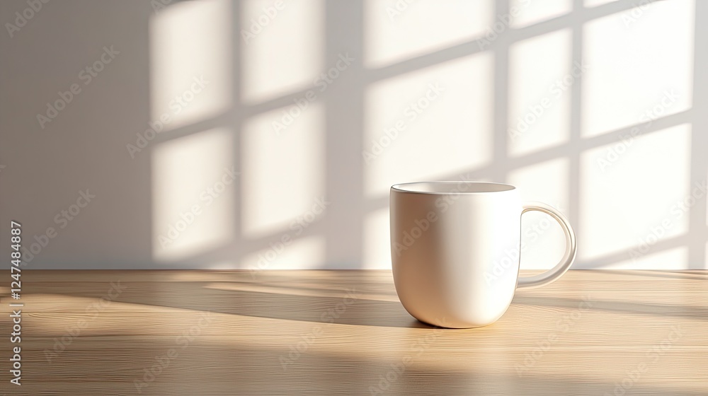 White mug on wooden table with sunlight shadows. White mug on wooden table with sunlight shadows.