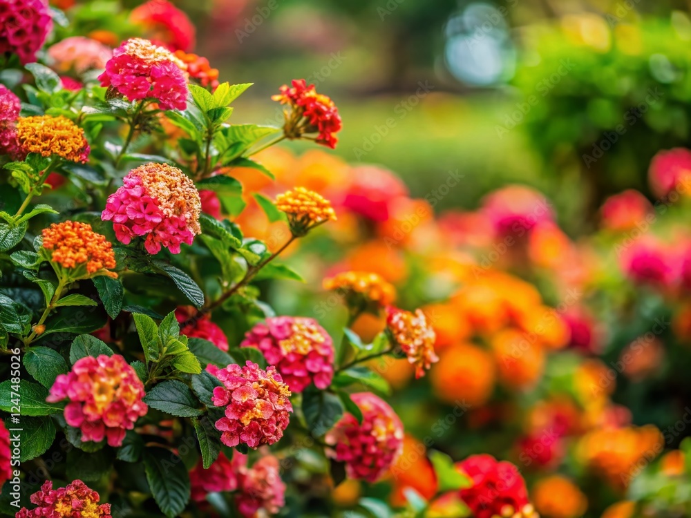 Vibrant Blooming Bush in Lush Garden - Decorative Flowers and Foliage Vibrant Blooming Bush in Lush Garden - Decorative Flowers and Foliage
