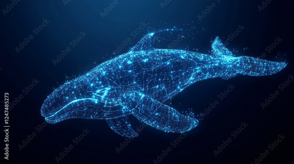 Naklejka premium A digital wireframe illustration of a whale composed of blue glowing lines and dots.