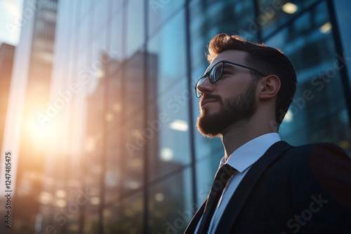 Successful businessman on the background of skyscrapers photo