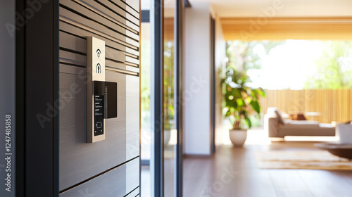 Modern entryway featuring smart locks and security features, showcasing sleek design with natural light streaming in. space is inviting and contemporary, perfect for stylish home