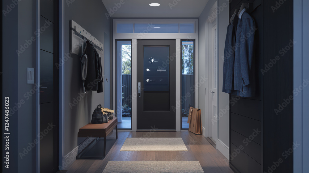 modern entryway featuring smart locks and facial recognition technology, showcasing sleek design with stylish coat rack, bench, and contemporary decor. space is well lit and inviting modern entryway featuring smart locks and facial recognition technology, showcasing sleek design with stylish coat rack, bench, and contemporary decor. space is well lit and inviting