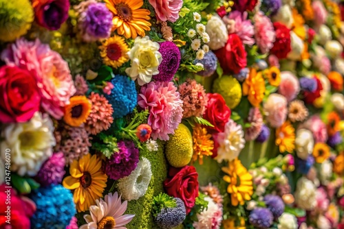 Vibrant Floral Wall: Blooming Flowers in a Garden Setting - Stock Photo