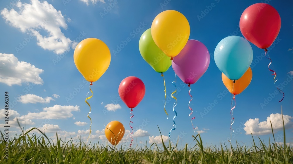 Summer party, colorful balloons floating in the blue sky over green grass, joyful outdoor celebration scene.. Summer party, colorful balloons floating in the blue sky over green grass, joyful outdoor celebration scene..