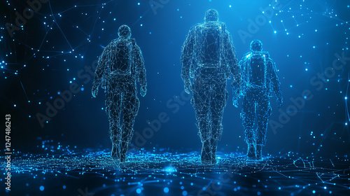 Digital wireframe soldiers are depicted marching through a futuristic blue cyberspace, illuminated by glowing dots.