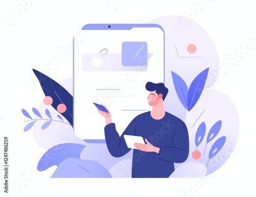 a person reaching out to open an email on their phone, with a modern,  in soft blue tones and a white background
