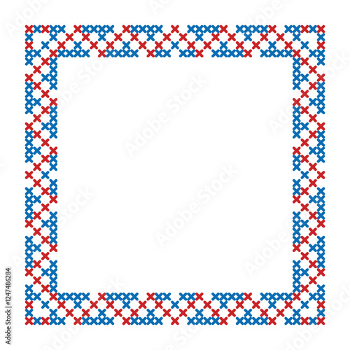 Cross-Stitch Border Pattern, Red and Blue, Traditional Design with Copy Space