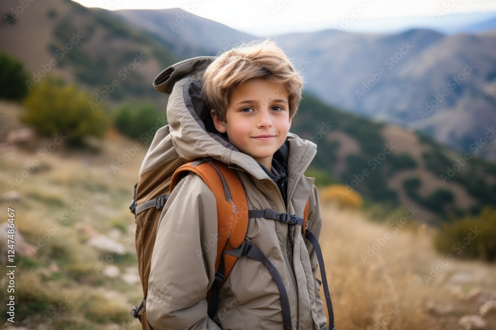 Portrait of a boy with a backpack on the background of mountains Portrait of a boy with a backpack on the background of mountains