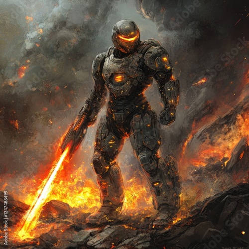 A futuristic armored soldier stands amidst fiery volcanic landscape, wielding an energy weapon.