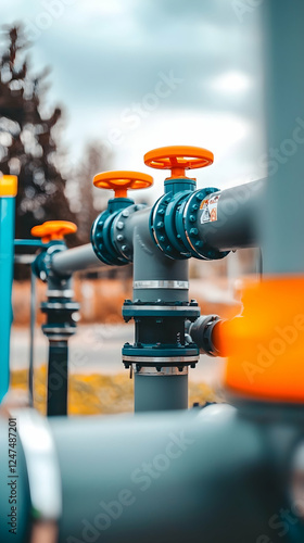 Industrial grey pipes with orange knobs outdoors photo