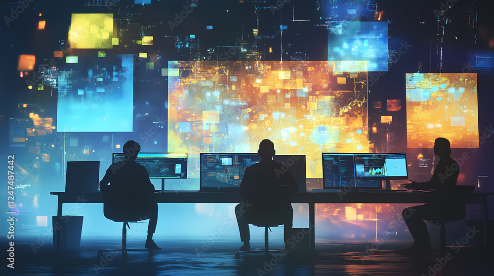 Effective teamwork in hybrid work environments enhancing communication across remote locations digital workspace professional setting. Hybrid Environments. Illustration Effective teamwork in hybrid work environments enhancing communication across remote locations digital workspace professional setting. Hybrid Environments. Illustration