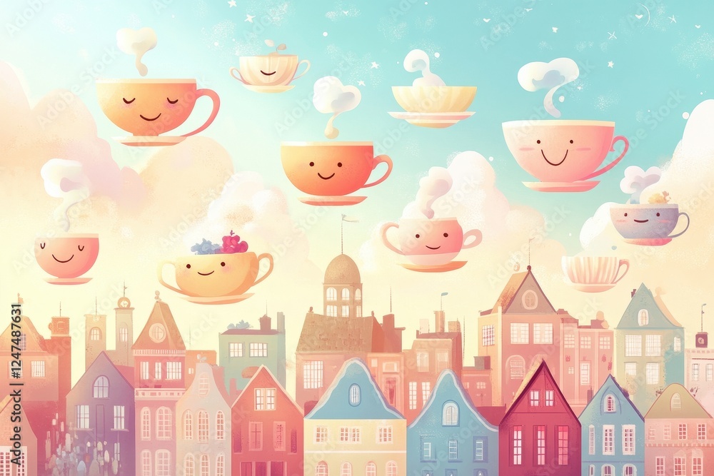 Fototapeta premium Cartoon teacups floating over colorful buildings in a whimsical scene