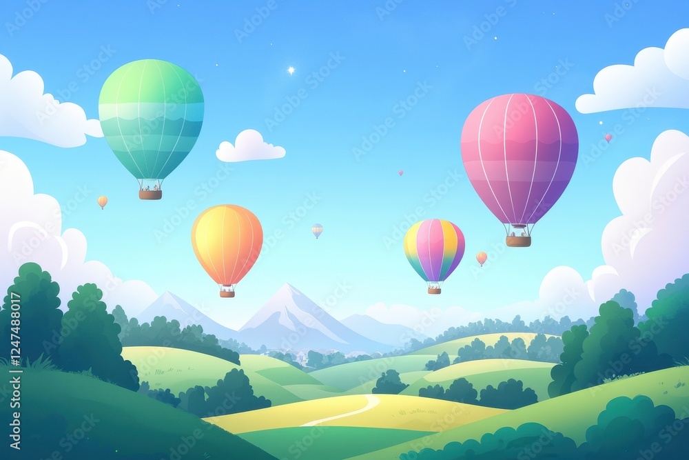 Fototapeta premium Colorful hot air balloons float over rolling green hills
