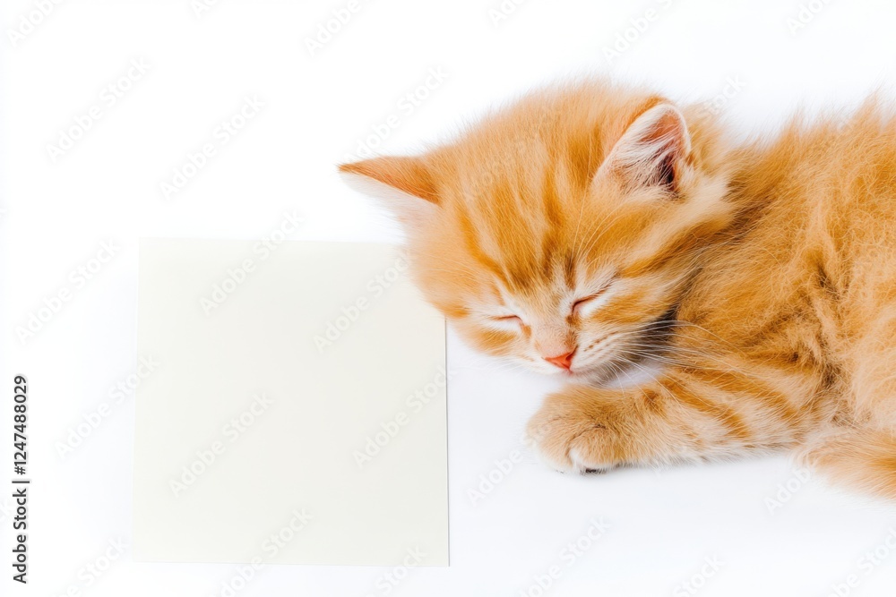 A fluffy ginger kitten sleeping next to a blank white card, creating a cozy and heartwarming atmosphere. This is a mockup for creative designs, branding, and messages A fluffy ginger kitten sleeping next to a blank white card, creating a cozy and heartwarming atmosphere. This is a mockup for creative designs, branding, and messages