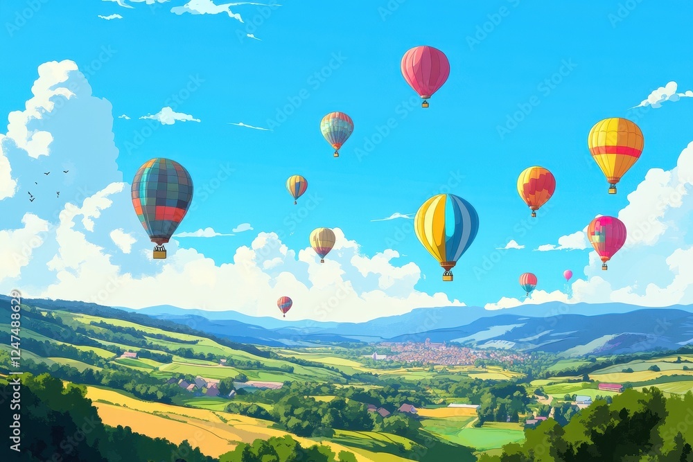 Obraz premium Colorful hot air balloons float above a scenic landscape