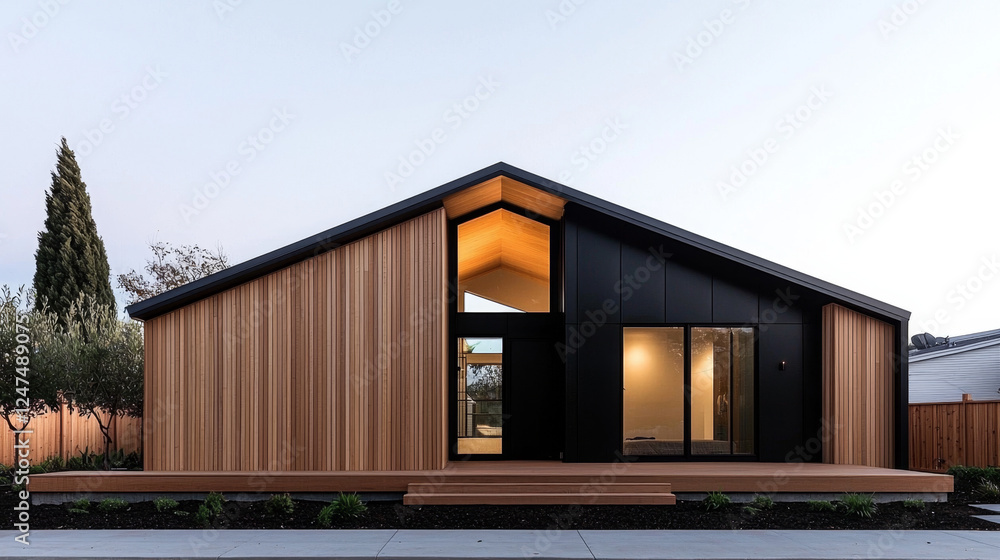 Modern A-Frame House with Large Windows and Warm Evening Lighting in Tranquil Landscape Modern A-Frame House with Large Windows and Warm Evening Lighting in Tranquil Landscape