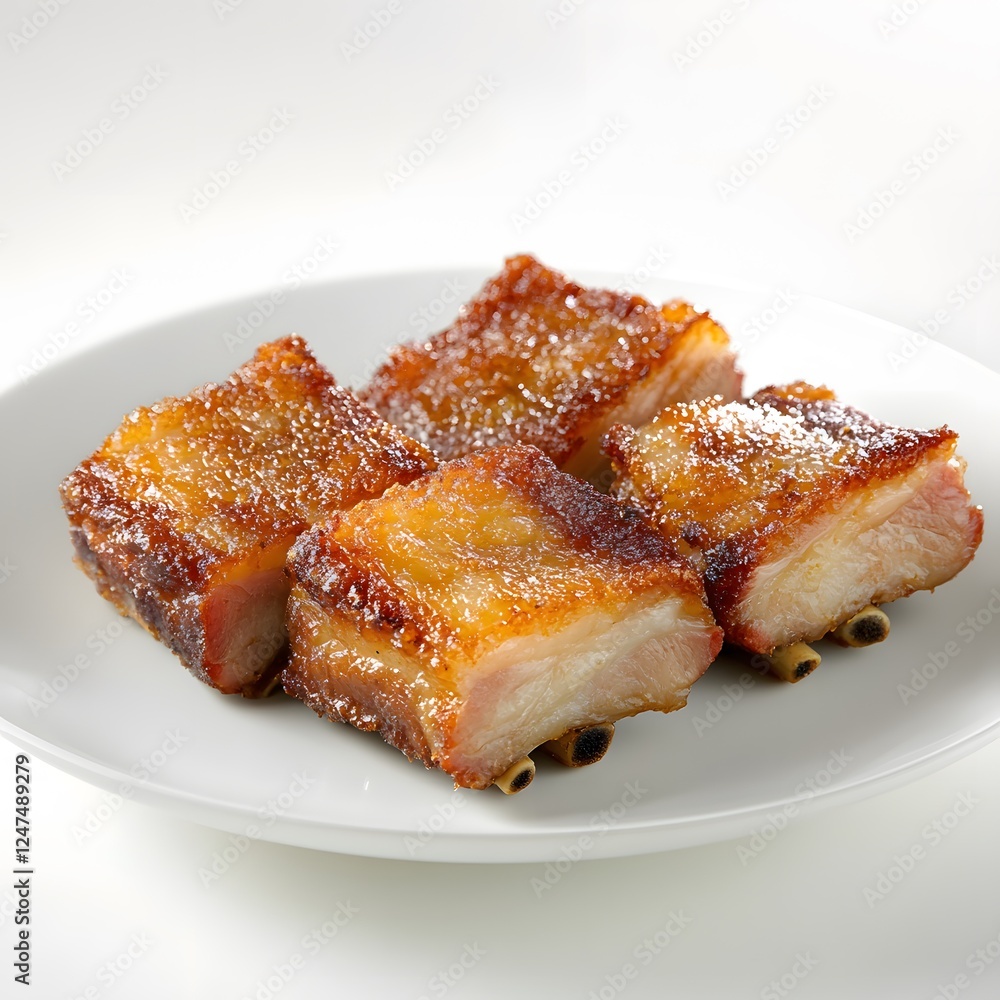 Crispy Roasted Pork Belly Cubes, Studio Shot, White Background, Asian Cuisine, Food Photography Crispy Roasted Pork Belly Cubes, Studio Shot, White Background, Asian Cuisine, Food Photography