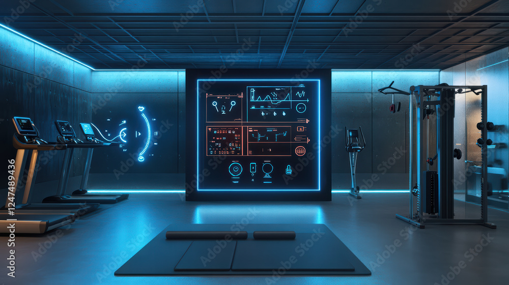 modern fitness center featuring advanced IoT technology, workout equipment, and interactive displays. sleek design and blue lighting create energetic atmosphere for exercise enthusiasts modern fitness center featuring advanced IoT technology, workout equipment, and interactive displays. sleek design and blue lighting create energetic atmosphere for exercise enthusiasts