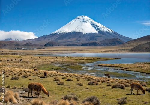 Lauca National Park, Chile, featuring the majestic Parinacota Volcano, vast highland plains, and serene natural beauty. photo