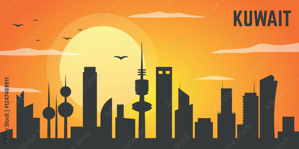 Obraz premium Sunset over Kuwait showcasing the city's iconic skyline with historical landmarks and warm hues of evening sky