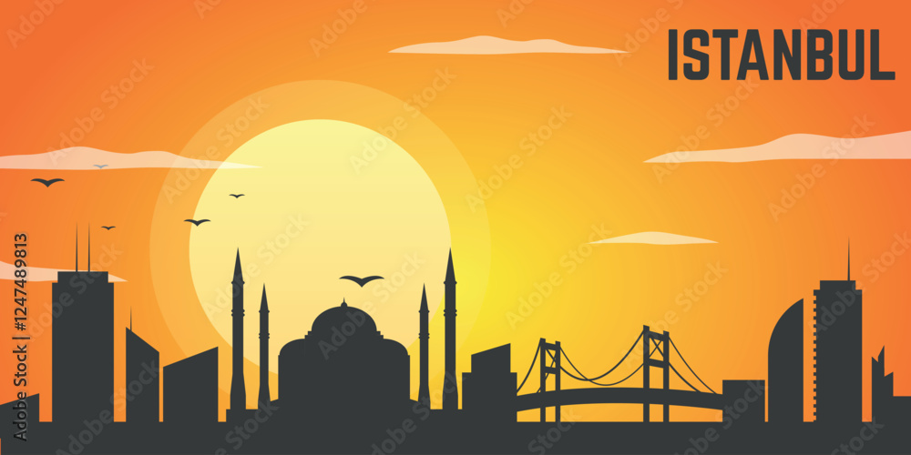 Obraz premium Sunset over istanbul showcasing the city's iconic skyline with historical landmarks and warm hues of evening sky
