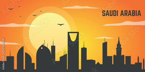 Sunset over Saudi Arabia showcasing the city's iconic skyline with historical landmarks and warm hues of evening sky