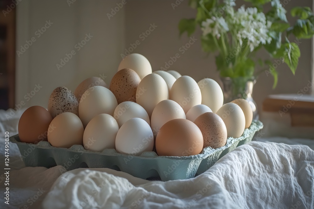 Pile of Fresh Eggs in Various Shades from White to Brown on Egg Crate at Farmer's Market Pile of Fresh Eggs in Various Shades from White to Brown on Egg Crate at Farmer's Market