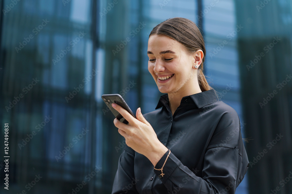Young woman smiling while using smartphone outside a modern glass building in daylight Young woman smiling while using smartphone outside a modern glass building in daylight