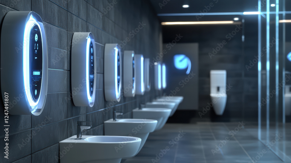 modern public restroom featuring smart IoT devices, sleek sinks, and minimalist design. space emphasizes cleanliness and advanced technology for user convenience modern public restroom featuring smart IoT devices, sleek sinks, and minimalist design. space emphasizes cleanliness and advanced technology for user convenience