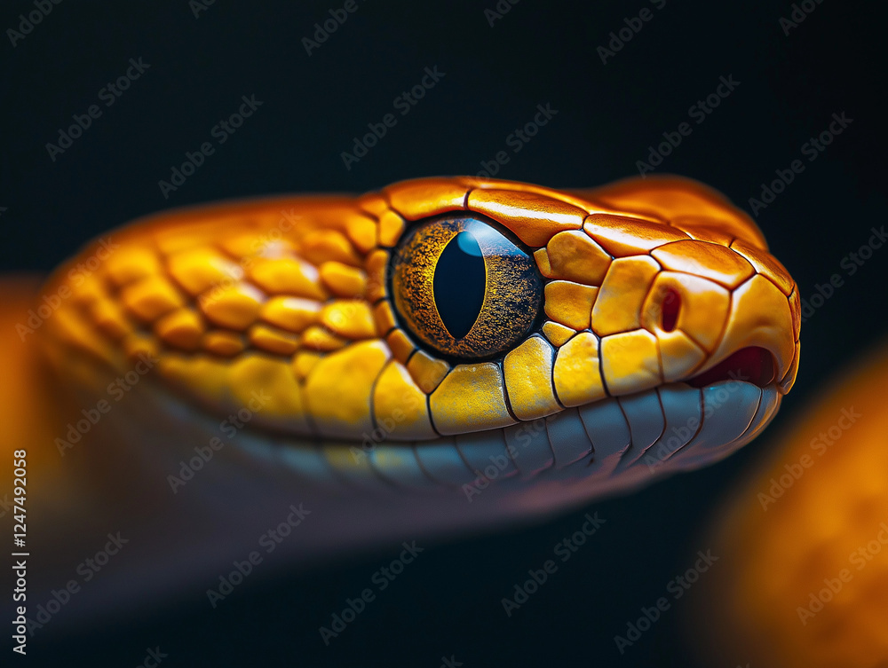 Nahaufnahme einer goldenen Schlange mit intensivem Blick auf schwarzem Hintergrund
Nahaufnahme einer goldenen Schlange mit intensivem Blick auf schwarzem Hintergrund