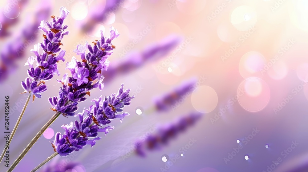 Fototapeta premium Explore a stunning lavender field, alive with vibrant purple blooms and delicate dew drops, creating a serene, picturesque scene.