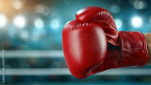 A vibrant red boxing glove takes center stage, showcasing its shine against the backdrop of a training boxing ring. photo