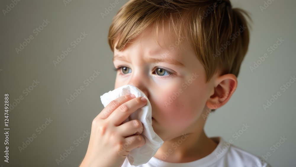 A young boy blows his nose into a tissue.
Concept of childhood illness. A young boy blows his nose into a tissue.
Concept of childhood illness.