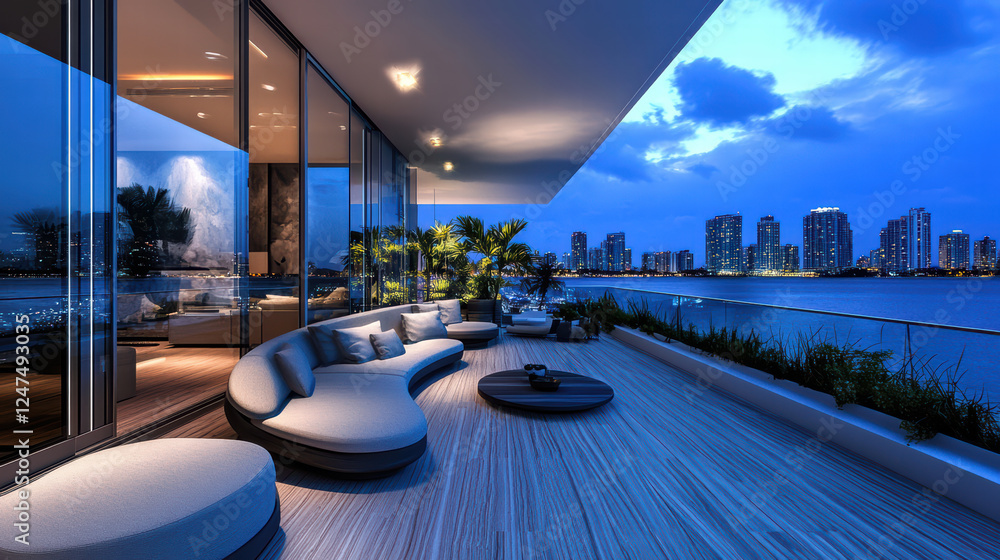 Obraz premium stylish balcony with smart outdoor lighting and sound system, overlooking city skyline at dusk. serene atmosphere invites relaxation and enjoyment