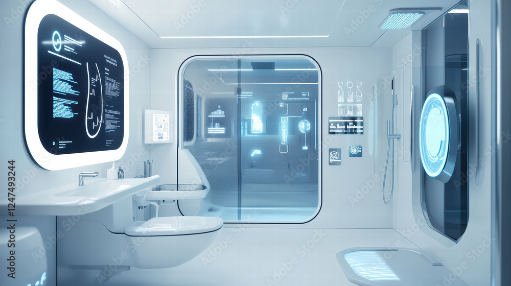 modern bathroom featuring smart mirrors, automated showers, and sleek design elements. space is illuminated with soft lighting, creating futuristic and relaxing atmosphere modern bathroom featuring smart mirrors, automated showers, and sleek design elements. space is illuminated with soft lighting, creating futuristic and relaxing atmosphere