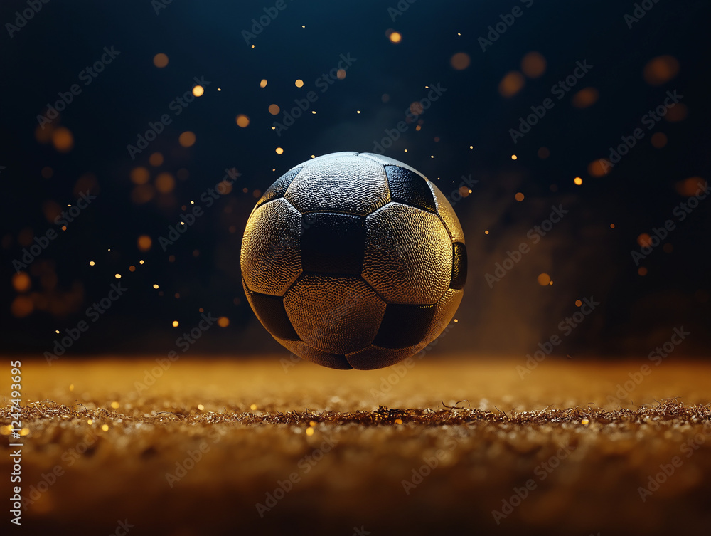 Naklejka premium Dynamischer Fußball mit glühenden Effekten auf dunklem Hintergrund