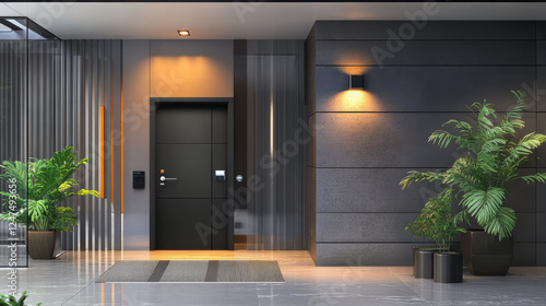Wallpaper Mural modern entryway featuring sleek design, smart security features, and lush greenery. stylish door and elegant lighting create welcoming atmosphere Torontodigital.ca
