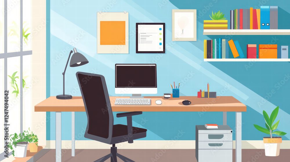 stylish home office featuring modern desk, computer, and organized shelves, creating productive and inviting workspace. bright colors and plants enhance atmosphere stylish home office featuring modern desk, computer, and organized shelves, creating productive and inviting workspace. bright colors and plants enhance atmosphere