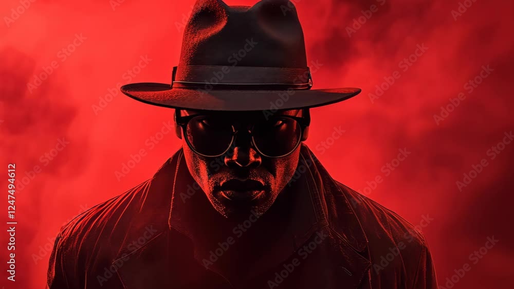 A shadowy figure in a hat and shades, shrouded in mystery, evokes suspense with dramatic lighting and vibrant colors.