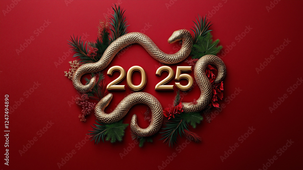 Obraz premium Glänzende goldene Zahl „2025“ umrahmt von botanischen Elementen und chinesischen Drachen